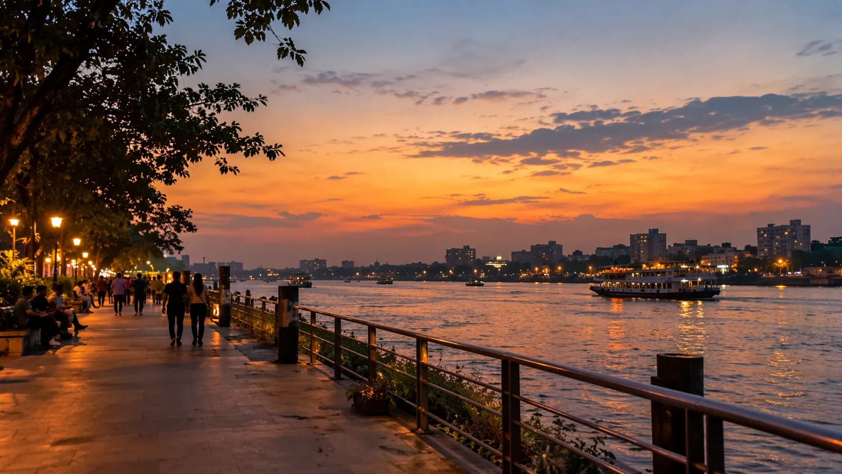 City lights along the water at dusk