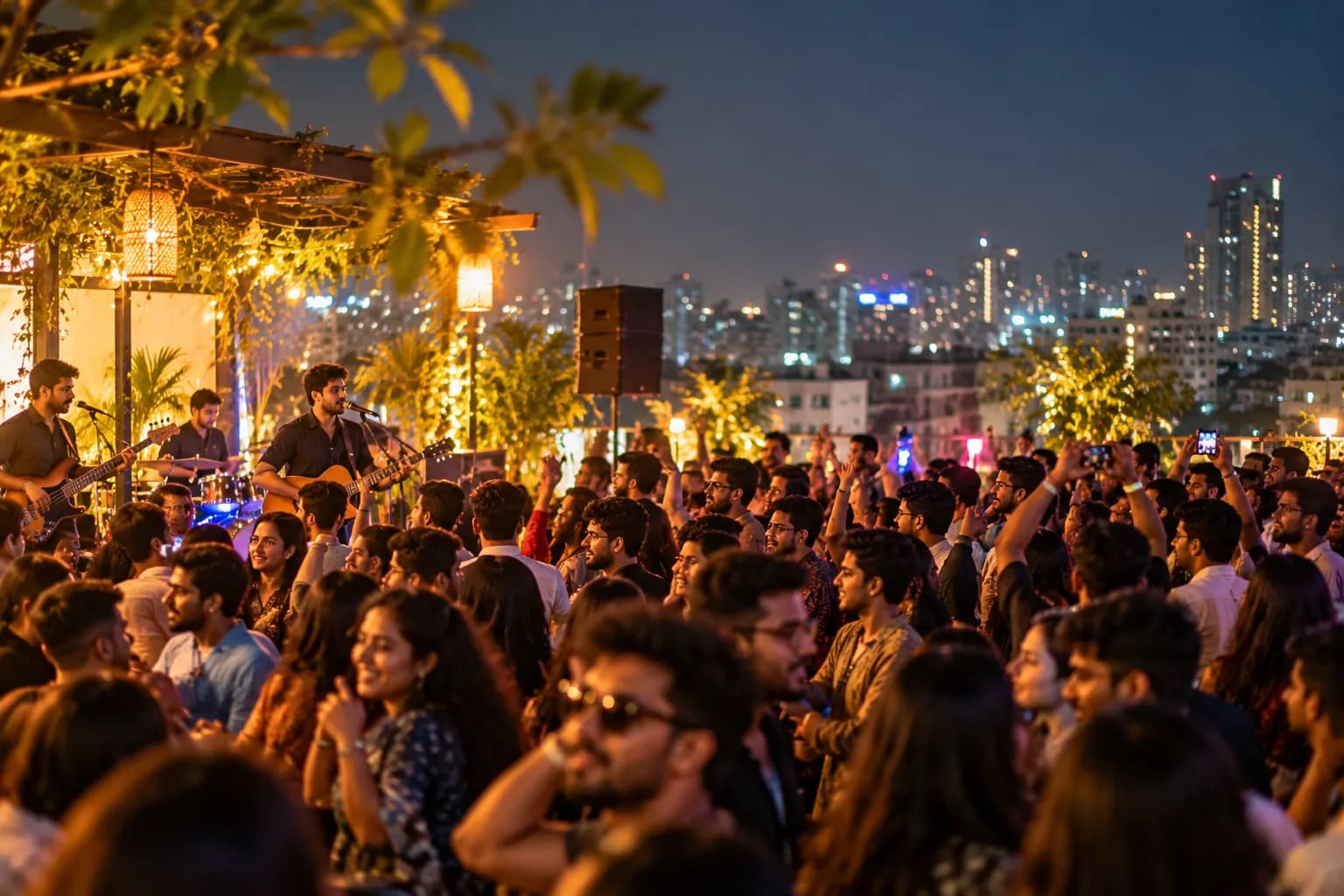 City lights over a packed night event